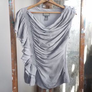 ZAC POSEN Silk Crepe Gray Grecian Draped Ruffled Asymmetrical Top, Size 8